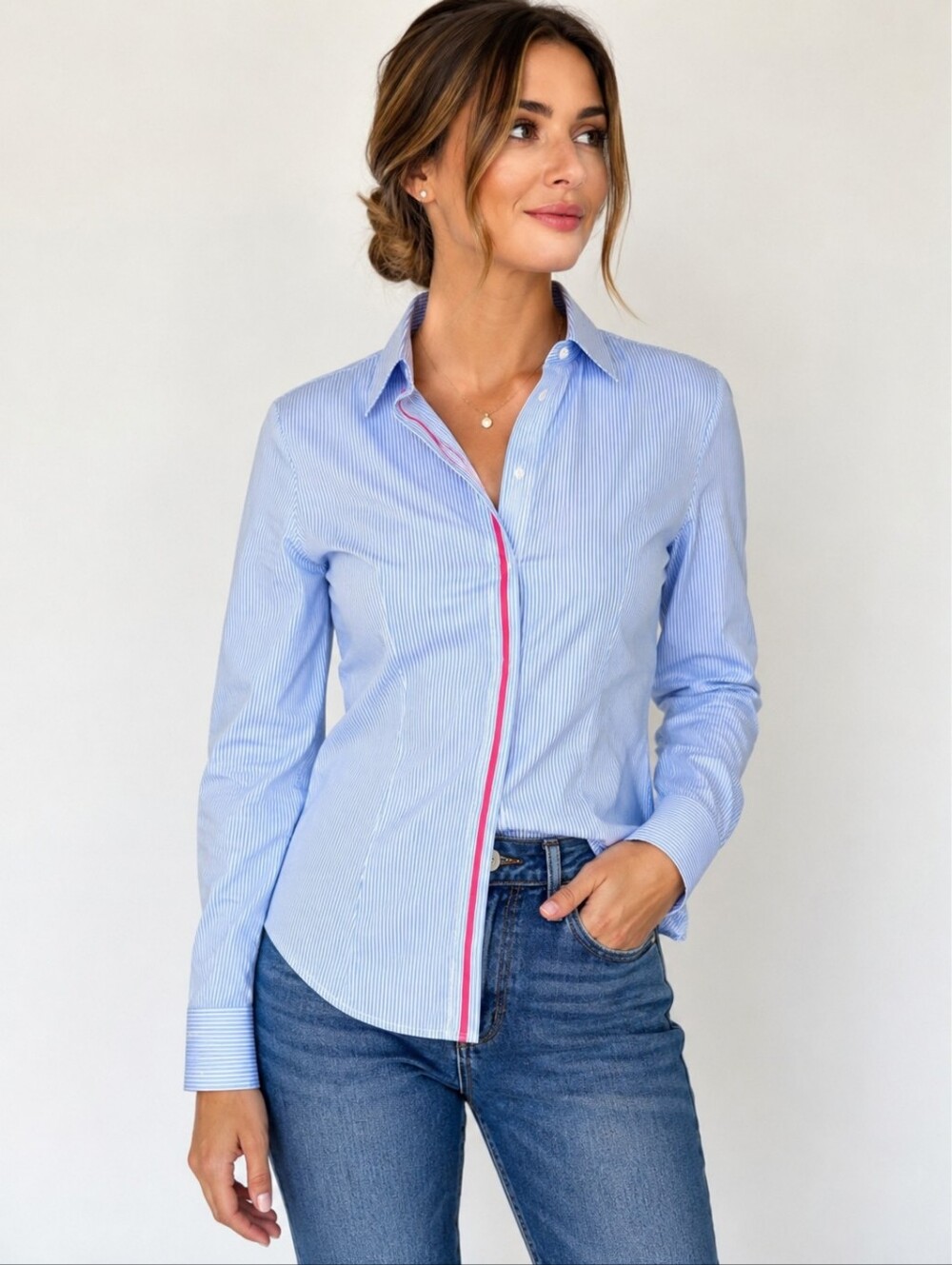Alain Figaret Paris Blue White Pinstripe Button Down Shirt Pink Trim Size 36